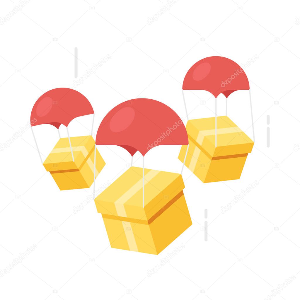 Flying down the parachute boxes. Delivery service. Parachute with parcel, gift in the sky. Holidays, delivery concept.Vector illustration isolated on white background