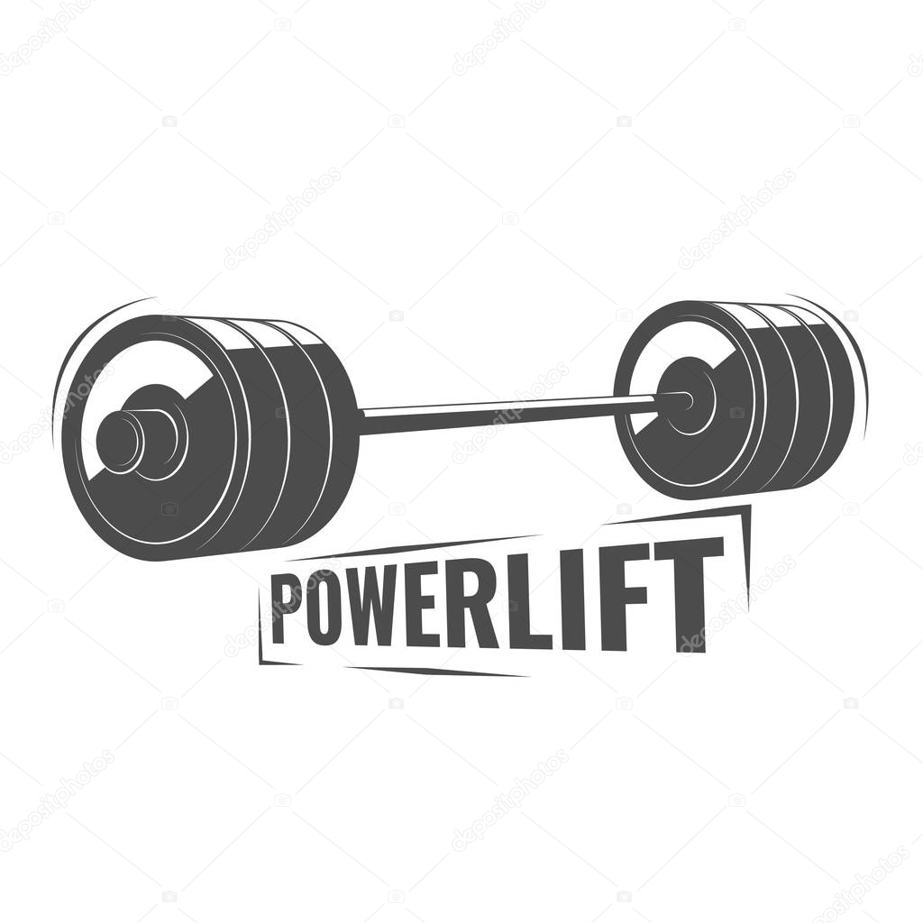 Powerlifting monochrome logo with barbel, gym club art isolated on white background