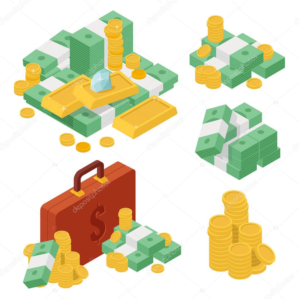 Set of heaps of money. Various kind of money with dollar and gold coin. Concept of big money. Big pile of cash. Hundreds of dollars. Isometric flat vector illustration