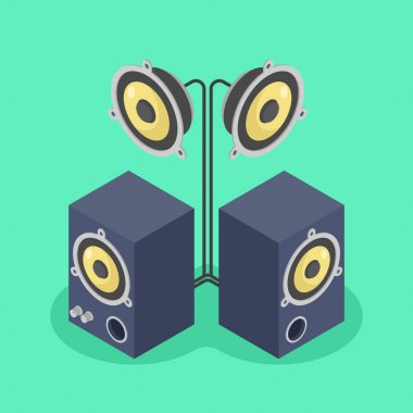 İki müzik sütun ve hoparlör izometrik düz vektör çizim ile ses sistemi