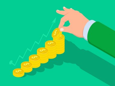 Hand lays a ladder up of gold coins, concept of business success isometric flat vector illustration clipart