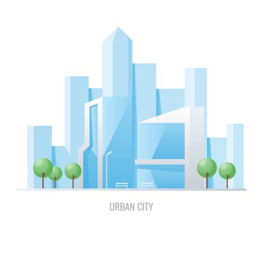 Eko city gökdelen, beyaz arka plan vektör illüstrasyon izole ağacıyla şehir manzarası ile