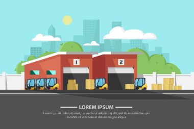 Ambar alanı, teslimat hizmeti, depolama ve ulaşım, mavi arka plan üzerinde düz yatay Banner. Forklift taşınan kargo bölümünde Hangarlar vektör çizim