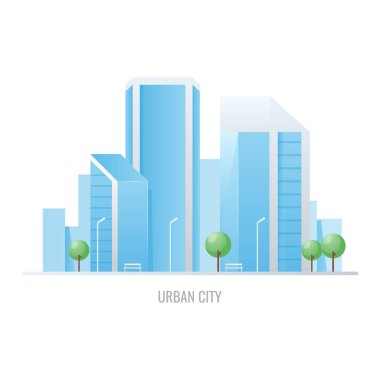 Eko city gökdelen, beyaz arka plan vektör illüstrasyon izole ağacıyla şehir manzarası ile