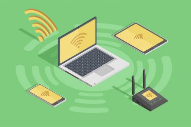 İzometrik stil poster dizüstü smartphone yönlendirici ve wifi internet hub bağlantı simgesi düz vektör çizim ile kablosuz teknoloji cihazlar
