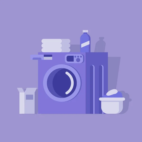 Waschmaschinenkonzept Mit Waschpulver Wäschekorb Auf Violettem Hintergrund Flache Vektorabbildung — Stockvektor