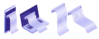 Nakit alışveriş tahsilat vektör çizim, finansal kağıtları ayarlayın. Telefonu ve laptop ile online ödeme. 4 nakit makbuz beyaz arka plan üzerinde izole web için alışveriş izometrik kümesi