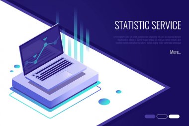 Açılış sayfası kavramı. Çözümleme verisi ve yatırım. İş başarı. Laptop ve Infographic elemanları ile mali bir daha gözden geçirme. 3D izometrik düz tasarım. Vektör çizim.