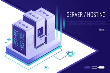 Sunucu barındırma kavramı. Veri iletim teknolojisi ve veri koruma. Vektör Illustration ağ telekomünikasyon sunucusu. 3D izometrik stili
