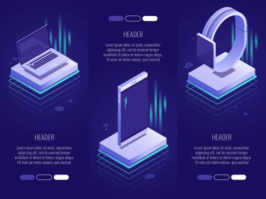 3 kavramsal başlıkları kümesi. Telefon, laptop, saatler akıllı dijital cihazlar. koyu mavi zemin üzerine 3D izometrik vektör çizim