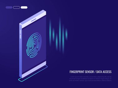 ?oncept of fingerprint sensor on phone.Access to data. Fingerprint on the smartphone screen. Vector illustration in 3d isometric style clipart