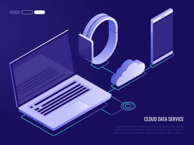 Mobil cihazlar için bulut hizmet kavramı. Upload ve download veri depolama işlemi. Vektör çizim 3d izometrik tarzı