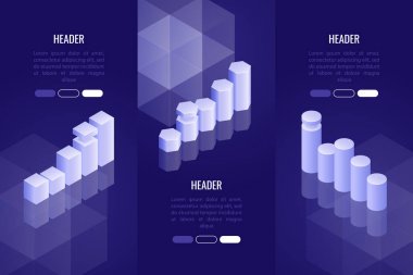 Çeşitli grafik ve grafik içeren 3 iş başlıkları kümesi. Veri görselleştirme kavramı analizi, rapor, sunum, infographics için. Vektör çizim 3d izometrik tarzı