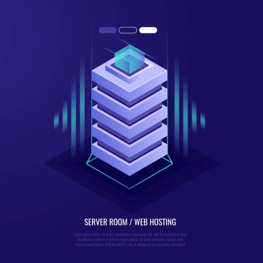 sunucu donanımları üstbilgisiyle. Sunucu odası, sunucu raf ve veritabanı. Vektör çizim 3d izometrik tarzı
