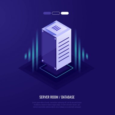 sunucu donanımları üstbilgisiyle. Sunucu odası, sunucu raf ve veritabanı. Vektör çizim 3d izometrik tarzı