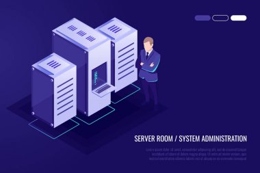 Sunucu donanımları ile 3 başlıkları kümesi. Sunucu odası, sunucu raf ve veritabanı. Vektör çizim 3d izometrik tarzı