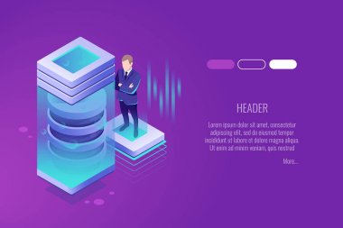 sunucu donanımları üstbilgisiyle. Sunucu odası, sunucu raf ve veritabanı. Vektör çizim 3d izometrik tarzı