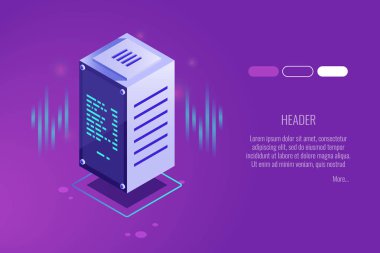 sunucu donanımları üstbilgisiyle. Sunucu odası, sunucu raf ve veritabanı. Vektör çizim 3d izometrik tarzı