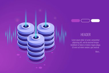 Sunucu donanımları ile 3 başlıkları kümesi. Sunucu odası, sunucu raf ve veritabanı. Vektör çizim 3d izometrik tarzı