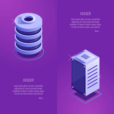 sunucu donanımları üstbilgisiyle. Sunucu odası, sunucu raf ve veritabanı. Vektör çizim 3d izometrik tarzı