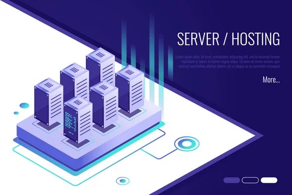 Vektorillustration Isometrisk Designkoncept Målsida Tyder Att Köpa Eller Hyra Servrar — Stock vektor