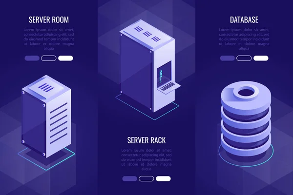 Satz Von Headern Mit Serverausstattung Serverraum Serverrack Und Datenbank Vektor — Stockvektor