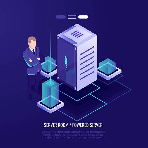 Header Mit Serverausstattung Serverraum Serverrack Und Datenbank Vektor Illustration Isometrischen — Stockvektor