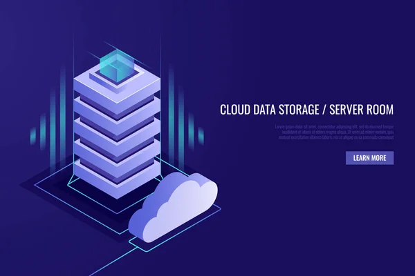 Kop Met Server Apparatuur Serverruimte Server Rack Database Vectorillustratie Isometrische — Stockvector