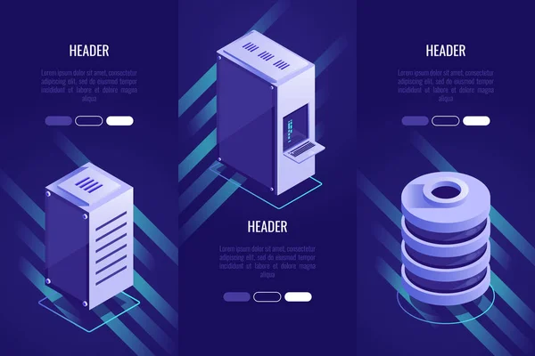 Sæt Med Overskrifter Med Serverudstyr Serverrum Serverrack Database Vektorillustration Isometrisk – Stock-vektor