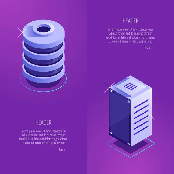 Header Mit Serverausstattung Serverraum Serverrack Und Datenbank Vektor Illustration Isometrischen — Stockvektor