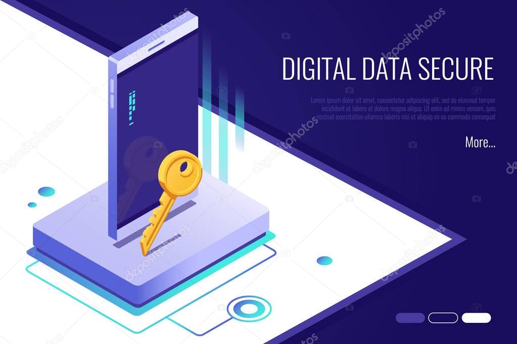 Vector illustration of Concept of security network. personal access and protect phone.Digital data secure banner. 3d Isometric style