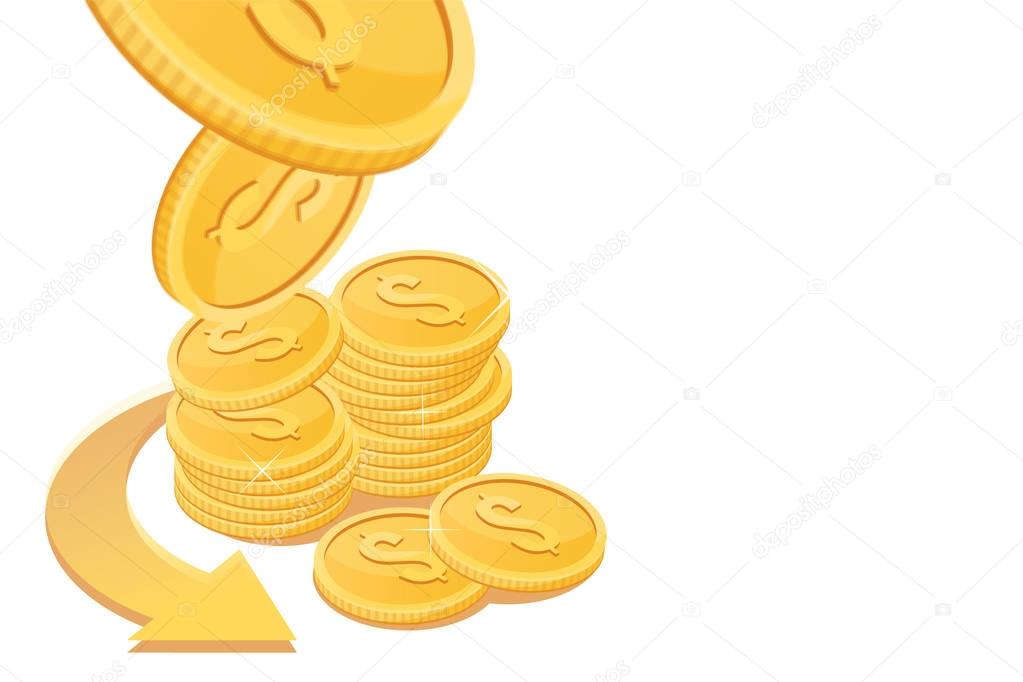 Finance operations and income concept.Gold coins with dollar signs are falling into a pile.Flat vector illustration isolated on white background