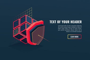 Koruma dijital veri, veritabanı ve sunucu veri koruma, blockchain, program blokları, kalkan izometrik vektör illüstrasyon kavramı
