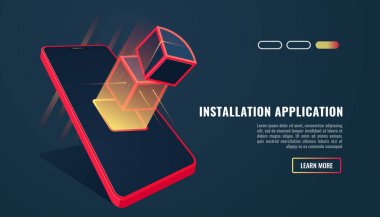 Sistem yazılım yükleme ve yükseltme kavram. Yükleme işlemi akıllı telefon ekranında. Vektör çizim 3d tarzı