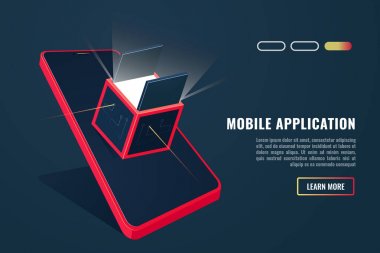 Smartphone mağaza kavramı. Ekranda glowbox ile akıllı telefon. Bulut veri kavramı. Mobil oyun uygulama açmak. Vektör çizim 3d tarzı