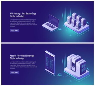 Web sunucusu, veri yedekleme kopyası, dosya konsepti, bulut veri depolama, dijital teknoloji, engelleme zinciri, sunucu odası, ultraviyole arkaplan üzerindeki akıllı telefon dizüstü bilgisayarı izometrik vektör çizimi