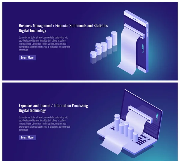 経営管理 財務諸表と統計 費用と収入の会計 情報処理 統計レポート 携帯電話のノートパソコンのアイソメトリックベクトル図紫外線背景 — ストックベクタ