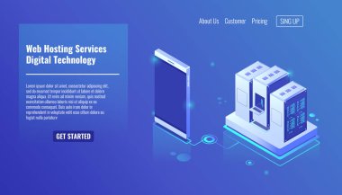 Web sunucu hizmetleri, Isometric sunucu odası vektörü, dijital teknoloji, sunucu rafı, bulut depolama dosyası, bilgisayar cep telefonu kaydı