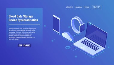 Bulut veri sunucusu depolama, elektronik aygıtlar veri senkronizasyonu, cep telefonu akıllı telefon, akıllı twatch, dizüstü izometrik vektör simgeleri