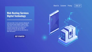 Web sitesi ve web uygulama sunucusu, sunucu odası rafı, veri değişimi, dosya trafiği, yedekleme cep telefonu izometrik vektörü