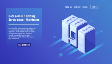 Veri merkezi, web sitesi sunucusu, sunucu odası rafı, ana bilgisayar kaynağı, veri tabanı, veritabanı, büyük veri işleme izometrik vektör simgesi