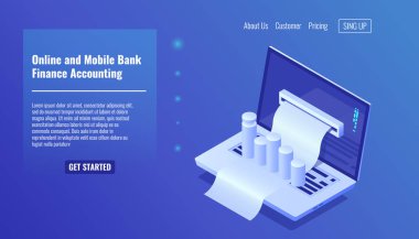 Çevrimiçi mobil bankacılık kavramı, finans muhasebesi, işletme yönetimi ve istatistik, bütçe servisi izometrik vecotr illüstrasyonunun dağılımı