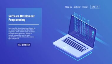 Yazılım geliştirme ve programlama, dizüstü bilgisayardaki program kodu, büyük veri işleme, izometrik hesaplama