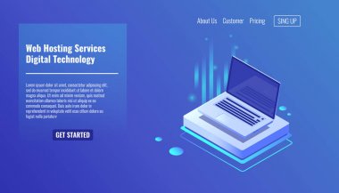 Bilgisayarı aç, web sunucu hizmetleri kavramı, bilgisayar teknolojileri izometrik vektör illüstrasyonu