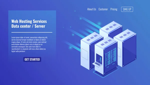 Počítačový Hardware Serverovna Webhosting Databázové Datové Centrum Izometrické Vektorové Ilustrace — Stockový vektor