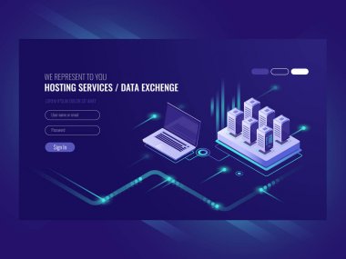 Hizmetleri sunan web siteleri, sunucu odası rafı, veri merkezi, veri araması, ağ yönetimi izometrik ultraviyole vektörü