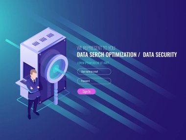 Veri arama optimizasyonu, bilgi sunucusu, veritabanının korunması ve güvenliği, büyüteçli sunucu odası, iş adamı IT izometrik 3d vektörü