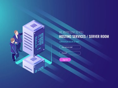 Hizmetler konsepti, kripto para birimi ve blok zinciri izometrik bileşimi, veri merkezi, büyük veri işleme kripto çiftliği, gelecekteki bilişim 3d vektörünün enerji istasyonu
