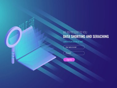 Kod depolama konsepti, elektronik katalog, veri araştırması, seo optimizasyonu, serach motoru, açık kitaplı izometrik 3d vektörlü büyüteç