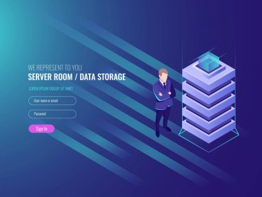 Veri merkezi kavramı, veritabanları ve internet bilgi güvenliği, sistem yönetimi, IT izometrik 3d vektörü